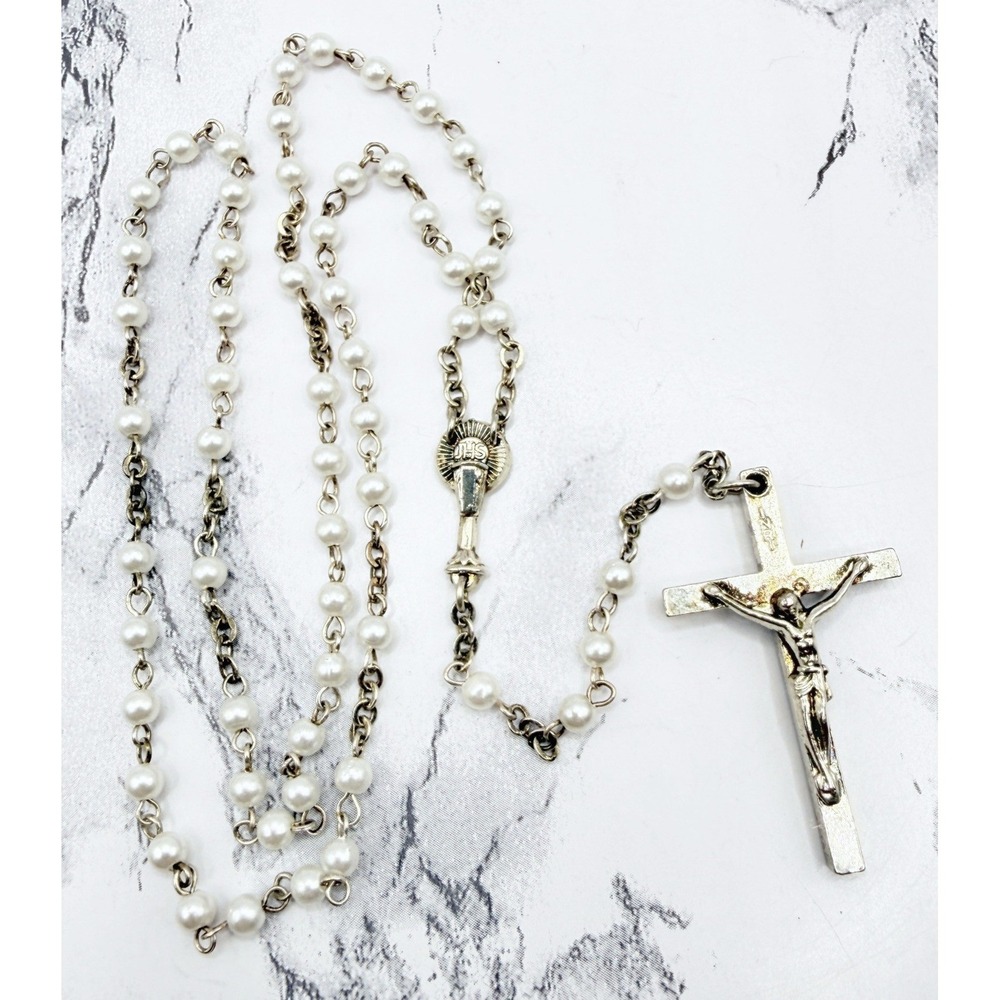 Vintage RR Robyn Rush Pearl Rosary Beads Silver Catholic Crucifix Faith Necklace